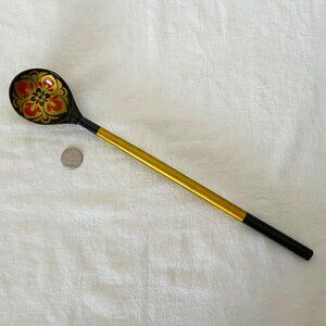Very Long Russian USSR Folk Art Hand Painted Laquer Wooden Serving Spoon Ladle